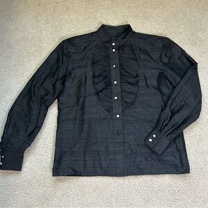 Italy VTG Black Silk Blend Ruffle Front Blouse Victorian Goth Core Statement Top